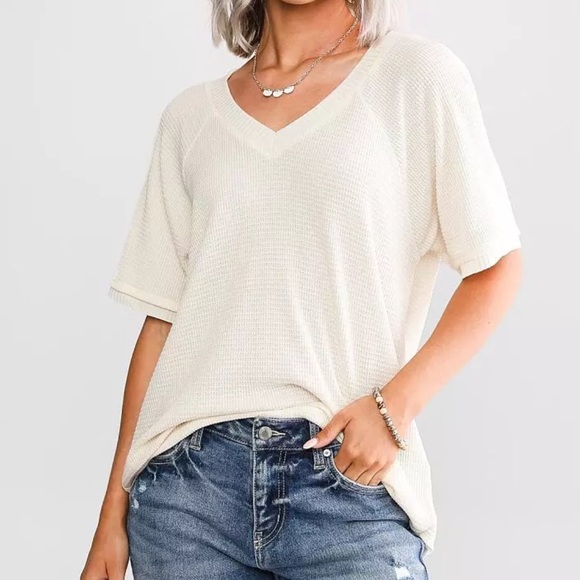 BKE Strappy Waffle Knit Top - Cream - Picture 2 of 6